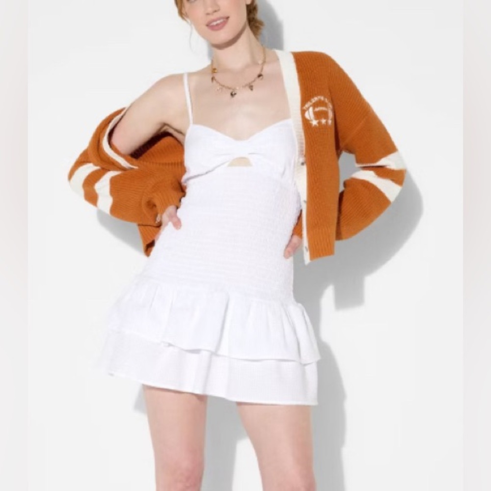 NWT Women's Game Day Smocked White Bow Tiered Mini Skater Dress - Wild Fable